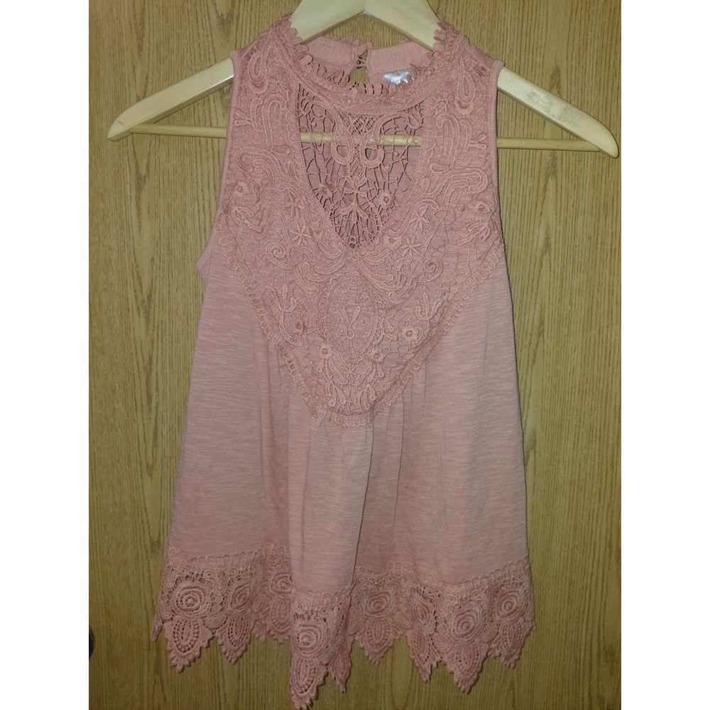 No Boundaries Womens Pink Sleeveless Crochet Lace Trim High Neck Top XS